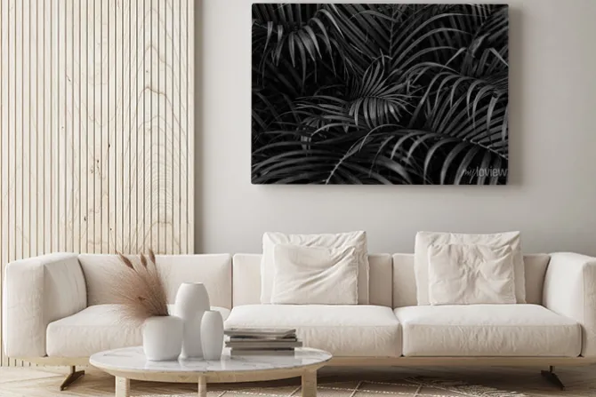 Obraz: Jungle leaves black and white wallpaper background pattern