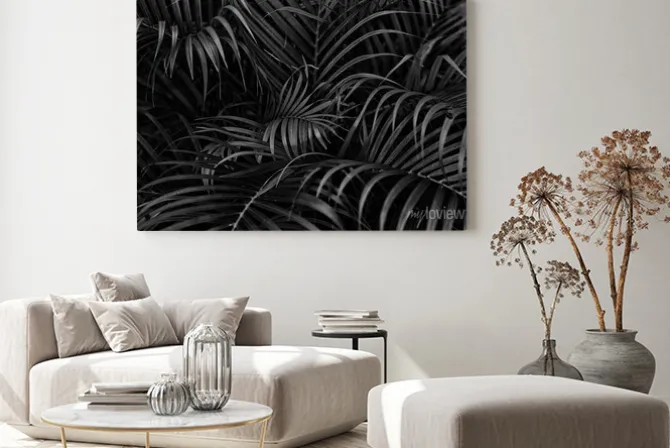 Obraz: Jungle leaves black and white wallpaper background pattern