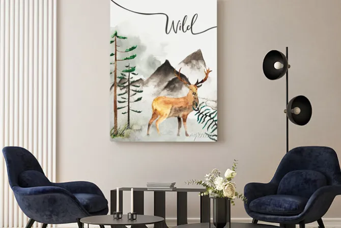 Obraz: Kartkę z życzeniami z tłem lasu i gór. motyw dziecięcy. pocztówka