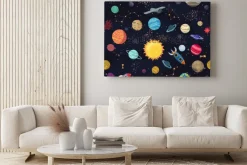 Obraz: Kartonowa przestrzeń bez szwu z planetami i statkami kosmicznymi.