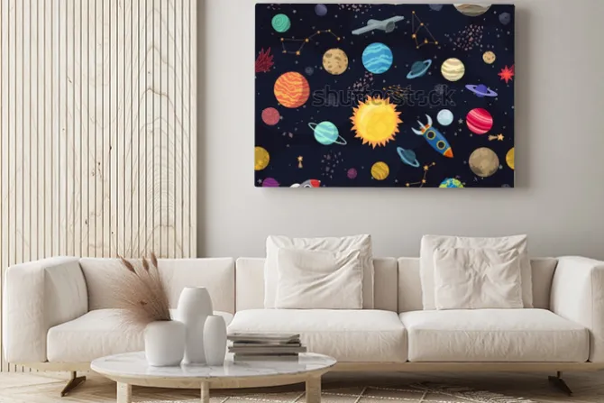 Obraz: Kartonowa przestrzeń bez szwu z planetami i statkami kosmicznymi.