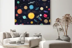 Obraz: Kartonowa przestrzeń bez szwu z planetami i statkami kosmicznymi.