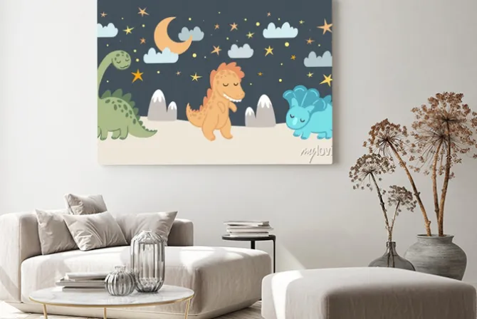 Obraz: Kid nursery mural wallpaper with sleeping dinosaurs, nights and