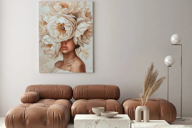 Obraz: Kobieta i białe kwiaty piwonie abstrakcja