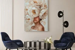 Obraz: Kobieta i białe kwiaty piwonie abstrakcja