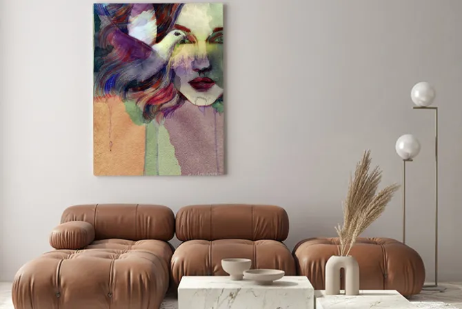 Obraz: Kobieta i gołąb kolorowa akwarela