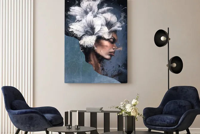 Obraz: Kobieta z białymi kwiatami na głowie abstrakcyjny portret