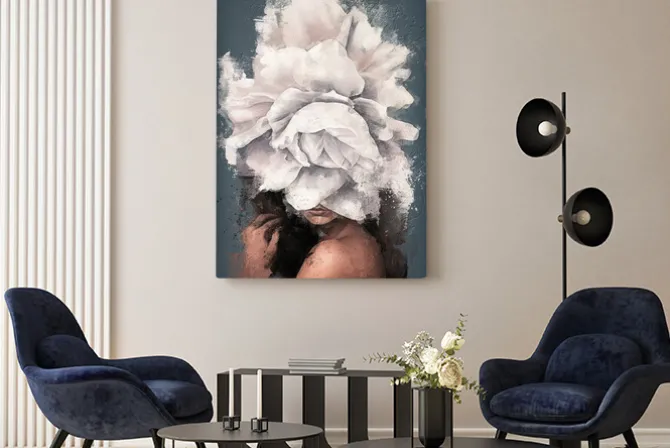 Obraz: Kobieta z kwiatami na głowie abstrakcyjny portret