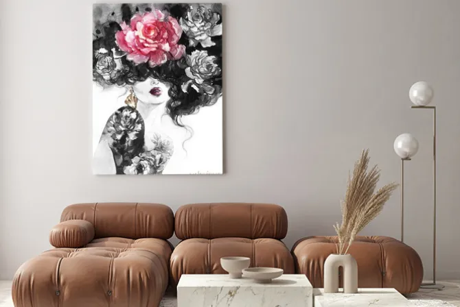 Obraz: Kobieta z kwiatami ilustracja modowa w akwareli