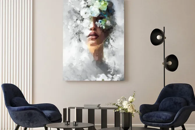 Obraz: Kobieta zasłonięta kwiatowym tłem