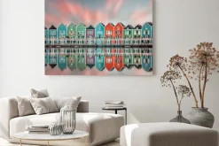 Obraz: Kolorowe domki w holandii krajobraz o zachodzie słońca