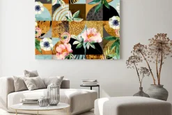 Obraz: Kolorowy kolaż z figur geometrycznych i kwiatów