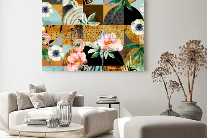 Obraz: Kolorowy kolaż z figur geometrycznych i kwiatów