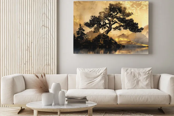 Obraz: Krajobraz w stylu chinoiserie ze złotym akcentem