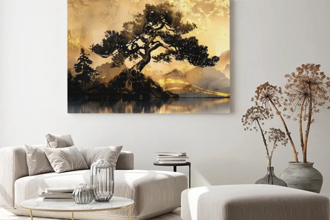 Obraz: Krajobraz w stylu chinoiserie ze złotym akcentem