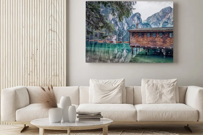 Obraz: Krajobraz z górskim jeziorem i widok na dolomity