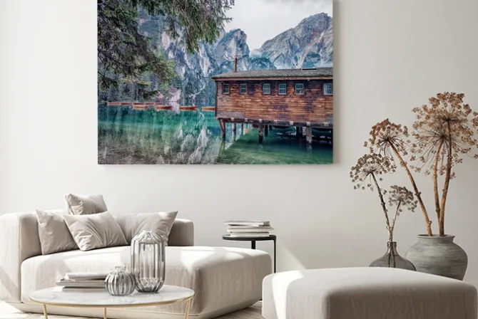 Obraz: Krajobraz z górskim jeziorem i widok na dolomity