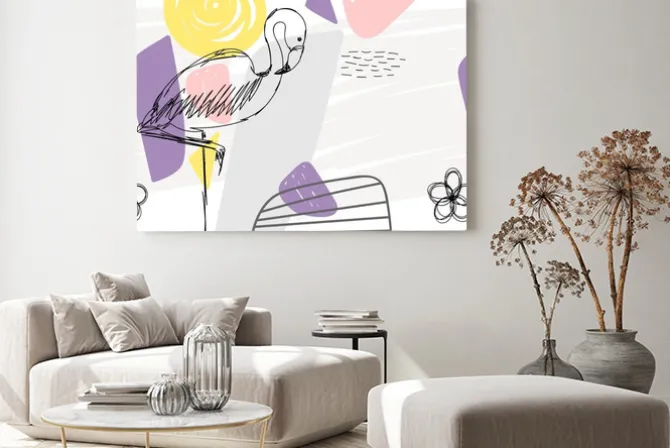 Obraz: Kwiecisty abstrakcjonistyczny geometryczny bezszwowy wzór z flamingiem.