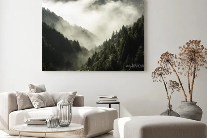 Obraz: Leśne pagórki we mgle