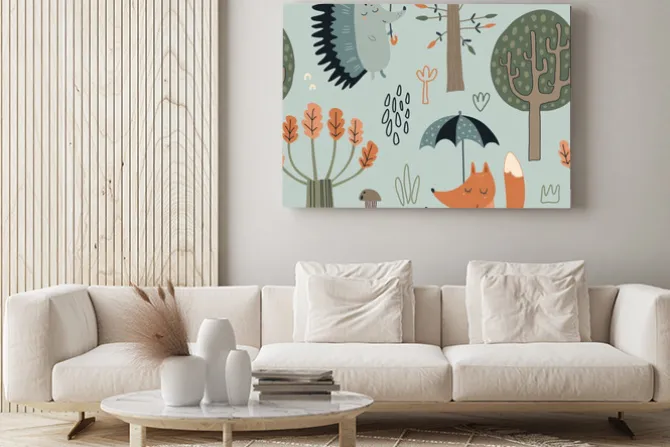 Obraz: Leśne zwierzęta z parasolami w deszczu