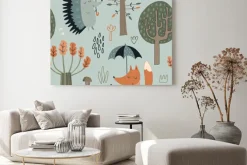 Obraz: Leśne zwierzęta z parasolami w deszczu