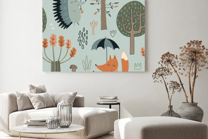 Obraz: Leśne zwierzęta z parasolami w deszczu