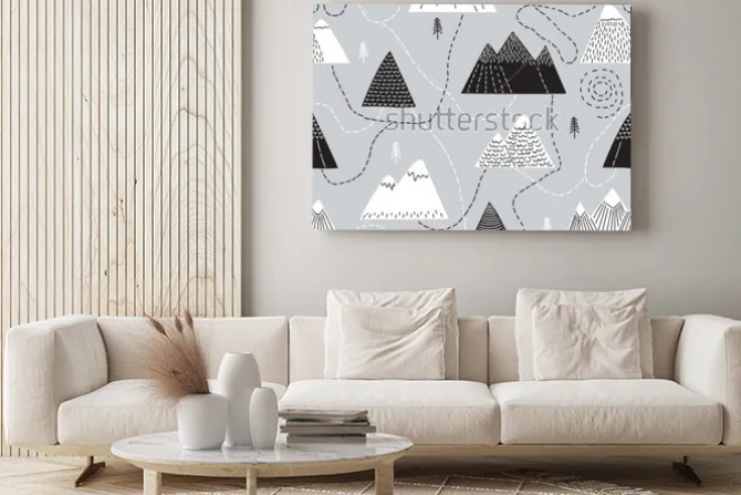 Obraz: Śliczna ręka przedstawiona wzorem wzoru z góry i górami. twórczy