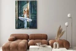 Obraz: Little girl, ballerina in a white ballet tutu, worries before