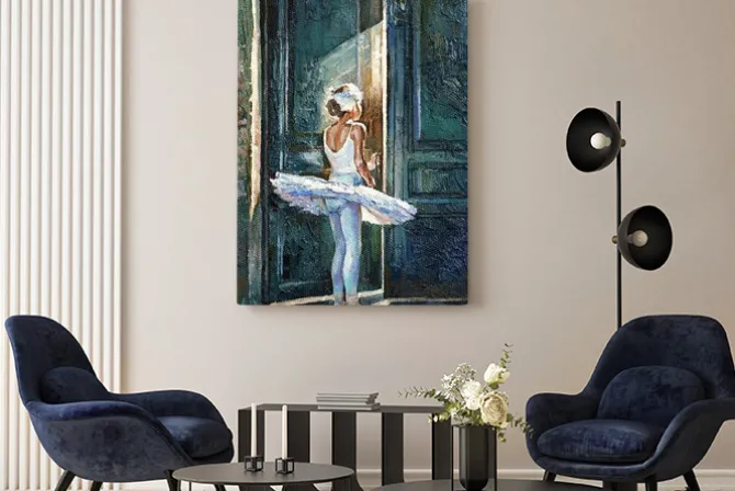 Obraz: Little girl, ballerina in a white ballet tutu, worries before