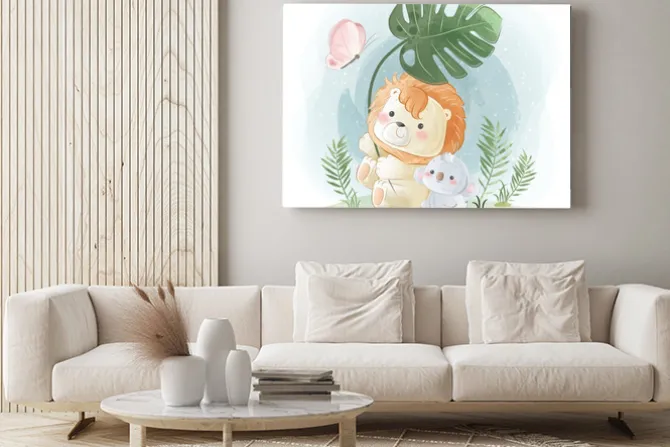 Obraz: Little safari lion playing with a leaf