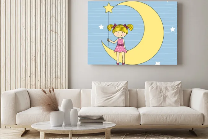 Obraz: Mała dziewczynka siedząca na księżycu