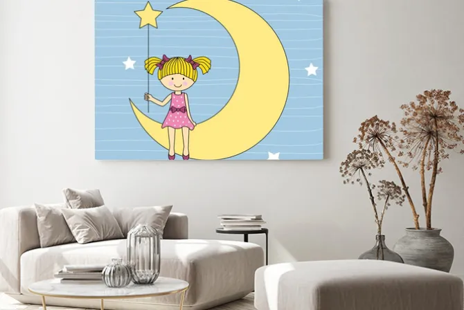 Obraz: Mała dziewczynka siedząca na księżycu