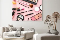 Obraz: Make up cosmetics products against pink color background