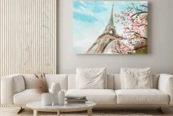 Obraz: Malowany kwiat wiśni na tle wieży eiffla