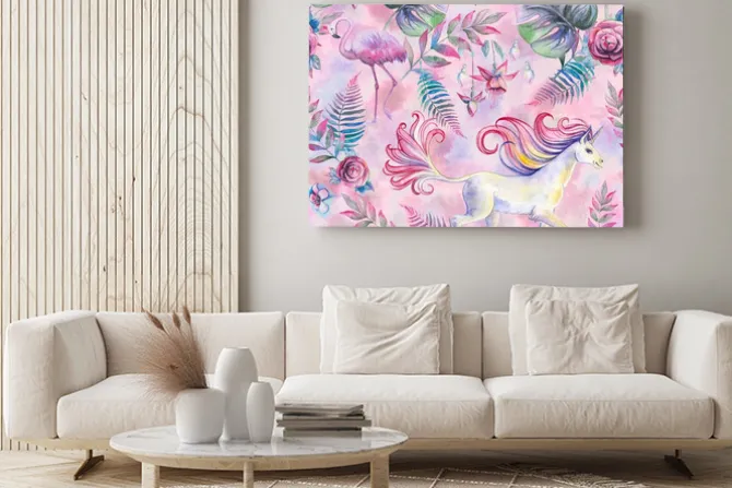 Obraz: Malowany wzór z flamingami i jednorożcami
