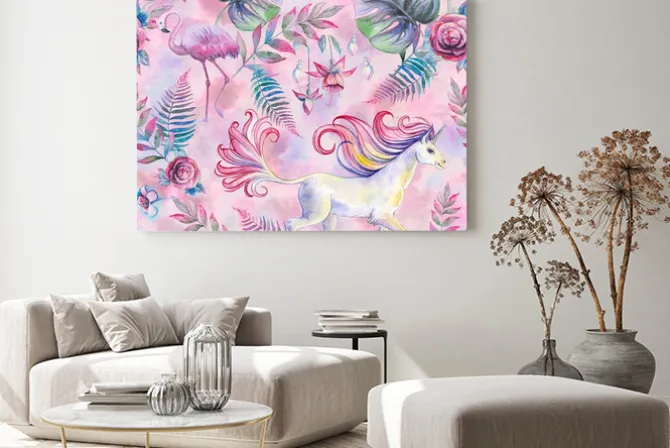 Obraz: Malowany wzór z flamingami i jednorożcami