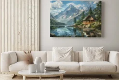 Obraz: Malowniczy krajobraz drewniany domek i górskie jezioro