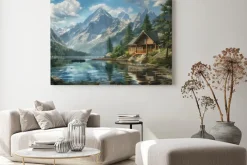Obraz: Malowniczy krajobraz drewniany domek i górskie jezioro