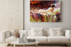 Obraz: Malunek w stylu olejnym nagiej kobiety na łóżku