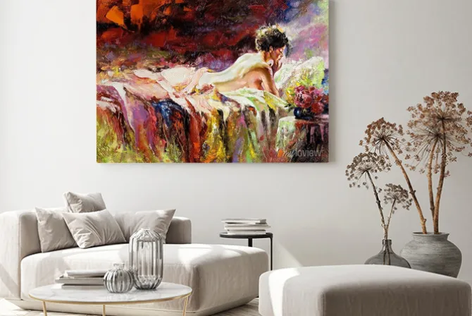 Obraz: Malunek w stylu olejnym nagiej kobiety na łóżku