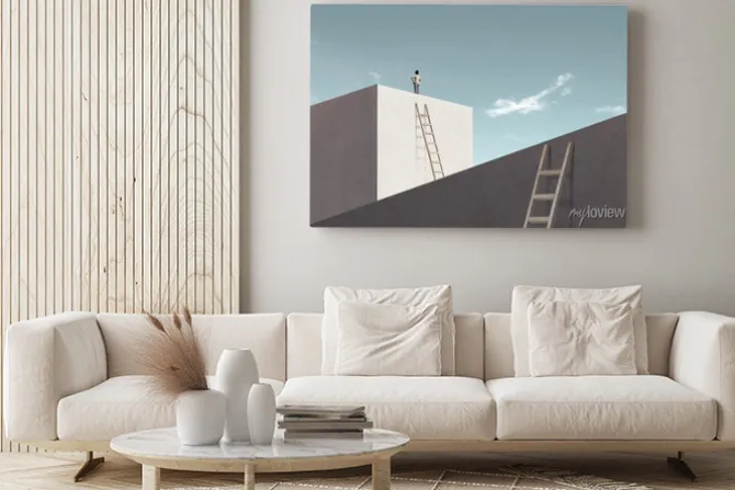 Obraz: Man rising stairs to reach the top of minimalist structure