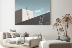 Obraz: Man rising stairs to reach the top of minimalist structure