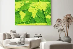 Obraz: Mapa świata, kontynenty w tle liścia.