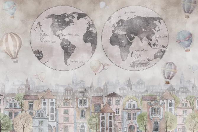 Obraz: Mapa świata na tle kolorowego miasta