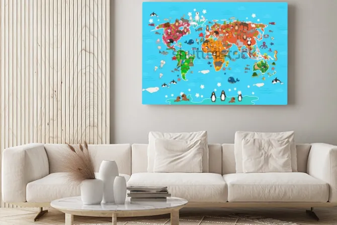 Obraz: Mapa świata ze zwierzętami. małpa i jeż, niedźwiedź i kangur,