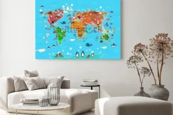 Obraz: Mapa świata ze zwierzętami. małpa i jeż, niedźwiedź i kangur,
