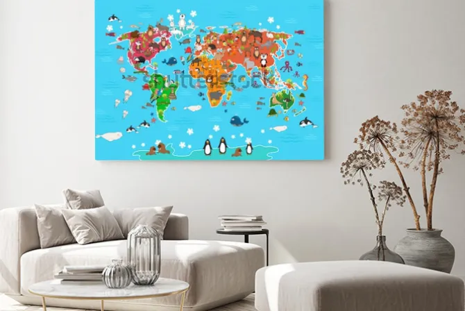 Obraz: Mapa świata ze zwierzętami. małpa i jeż, niedźwiedź i kangur,