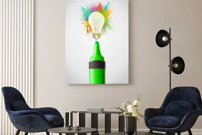 Obraz: Marker close-up z kolorowymi plamami farb i żarówka