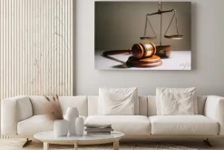 Obraz: Młotek sędziowski i waga atrybuty sprawiedliwości