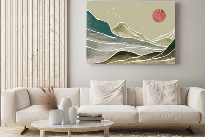 Obraz: Mountain landscape watercolor painting illustration with line